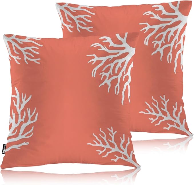 Swono Ocean Coral Farmhouse Throw Pillow Covers, Tropical Sea Coral Reef Nature Set of 2 Cushion Case Pillow Cover for Bed Sofa Couch, Square Throw Pillowcases for Men Women 18x18 Inch Orange White