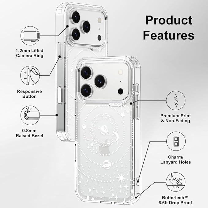 MOSNOVO for iPhone 17 Pro Case | Military Grade 6.6ft Drop Tested | Camera Control | Clear with Galaxy Design