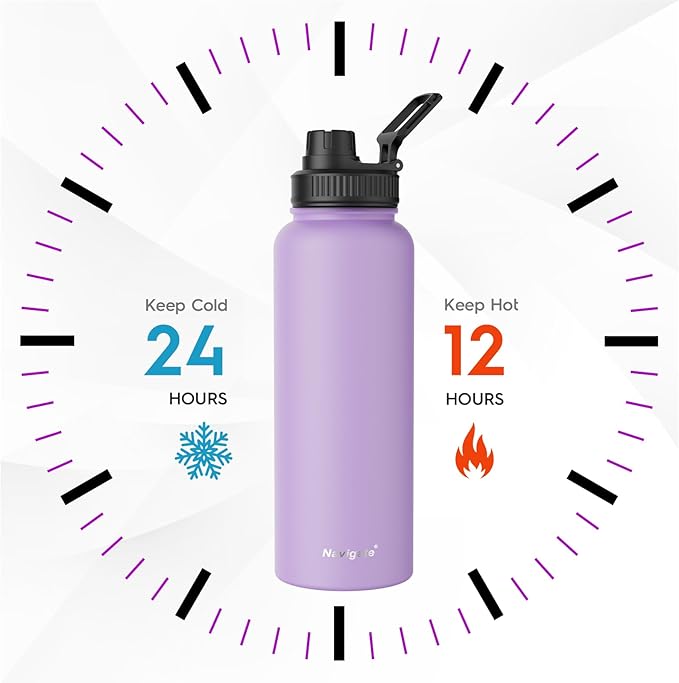 Navigate 40 oz Stainless Steel Insulated Water Bottle,Double Walled Leak Proof Keep Cold for 24 Hrs Hot for 12 Hrs,Wide Mouth Water Jug with Spout & Handle Lids,Purple