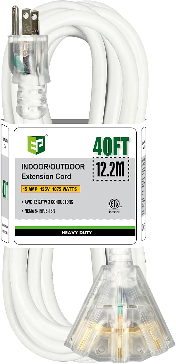 EP 40FT 12 Gauge Heavy Duty Extension Cord, 15A 125V 1875W, 3 Outlet Indoor/Outdoor Power Cord with Lighted End, 12/3 SJTW Weatherproof White, ETL Listed