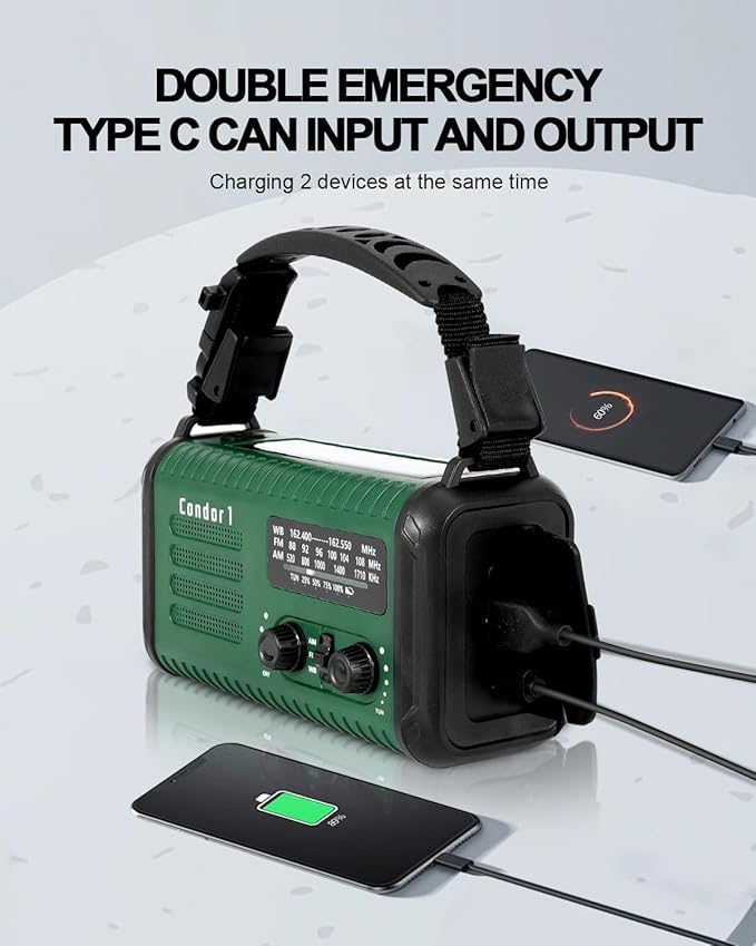 Emergency Crank Radio, 20000mAh / 74000mWh Solar Hand Crank Weather Radio with NOAA/AM/FM, Battery Powered Radio with Cell Phone Charger, Reading Lamp, Flashlight & SOS for Emergencies/Home (Green)