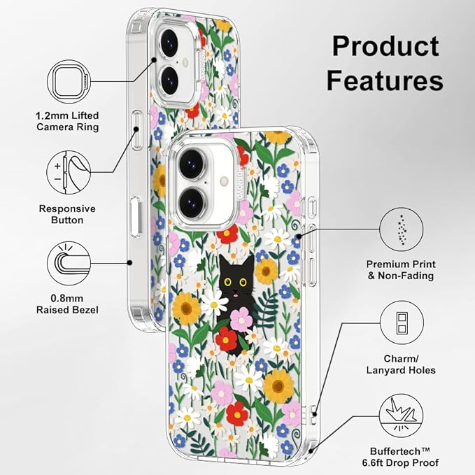 MOSNOVO for iPhone 17 Case | Military Grade 6.6ft Drop Tested | Camera Control | Clear with Black Cat in Garden Design