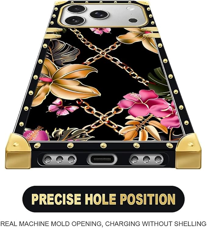 for iPhone 17 Pro Case Luxury Golden Decoration for Girl Women Soft TPU Shockproof Protective Hard PC Back for iPhone 17 Pro Crazy Pattern Pink Golden Chain Tropical Flower