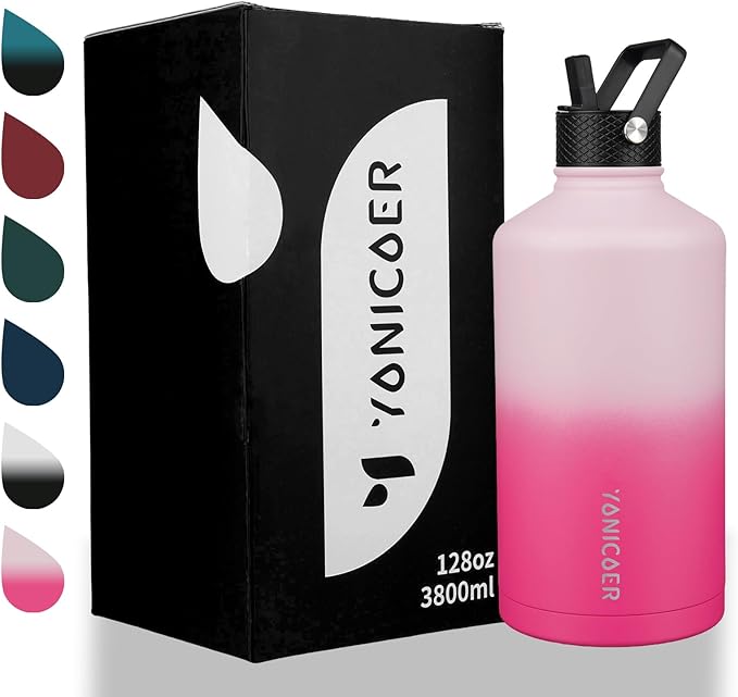Insulated Water Bottle 128oz,Triple Wall Vacuum Stainless Steel(Dishwasher Safe),Leak Proof & Non-BPA,Flask Jug with Paracord Handle & Straw Spout Lids Sports Cherry Blossom