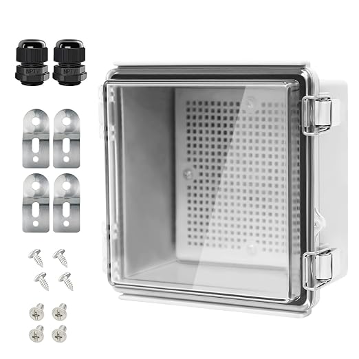 LeMotech Electrical Box, IP67 Waterproof Hinged Clear Cover Stainless Steel Latch Junction Box, ABS Plastic Electrical Enclosure with Mounting Plate,Wall Brackets, Cable Glands,5.9"x5.9"x3.5",Grey