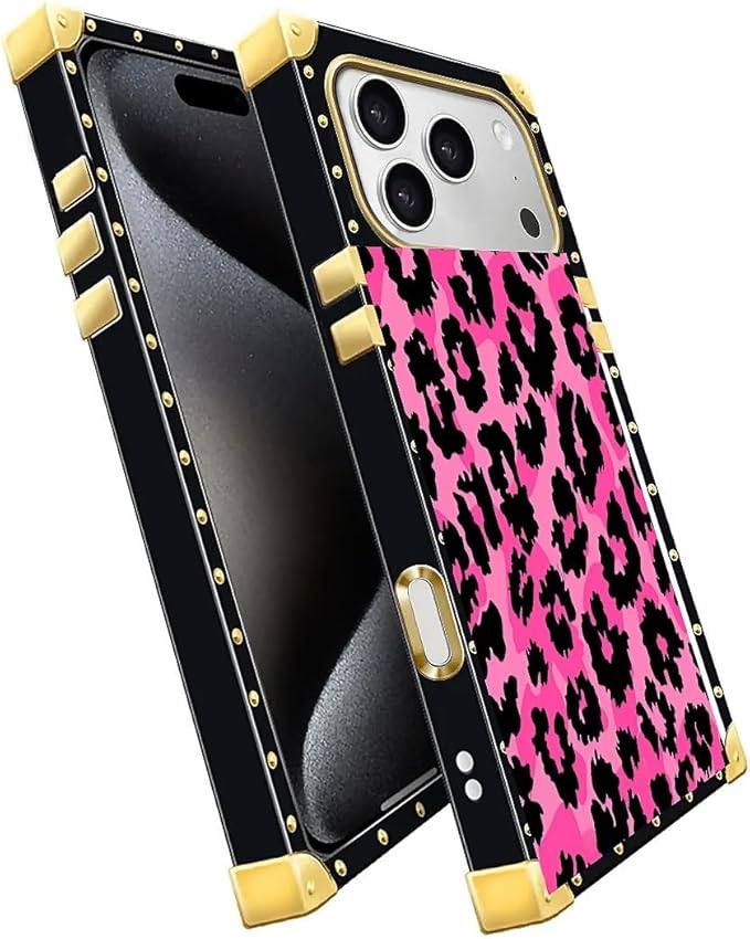for iPhone 17 Pro Max Case Luxury Golden Decoration for Girl Women Soft TPU Shockproof Protective Hard PC Back for iPhone 17 Pro Max Crazy Pattern Pink Black Leopard