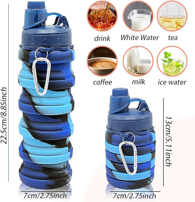 Silicone Collapsible Water Bottles, 16oz（500ml） Portable Foldable Expandable Water Bottle Sports Cups, Leak Proof Reusable BPA Free, for Outdoor Activities (Blue)