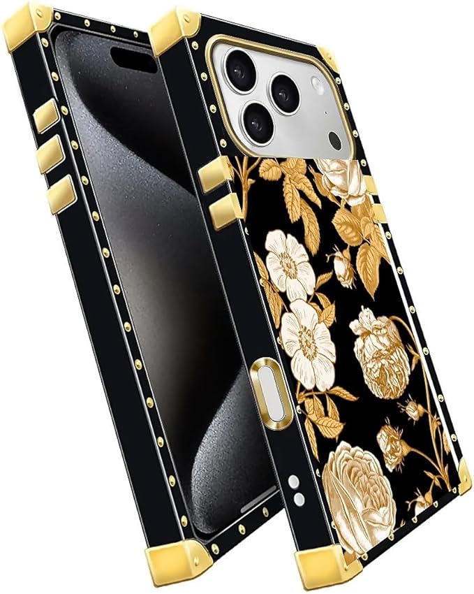 for iPhone 17 Pro Max Case Luxury Golden Decoration for Girl Women Soft TPU Shockproof Protective Hard PC Back for iPhone 17 Pro Max Crazy Pattern Blooming Rose Golden Flower