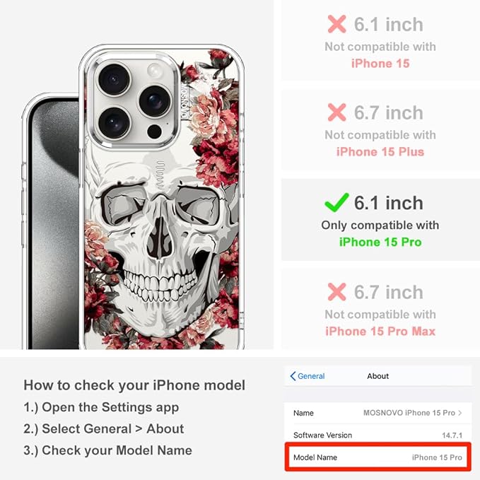 MOSNOVO Case for iPhone 15 Pro, [Buffertech 6.6ft Military-Grade Drop Protection] [Anti Peel Off Tech] Clear TPU Bumper Phone Case Cover Design - Red Flower Skull