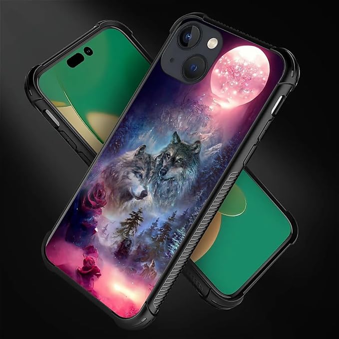 for iPhone 14 Plus Case, Star Two Wolfs Howling Pattern Graphic Design Girl Boy Soft Silicone Hard Acrylic Shock Protection for iPhone 14 Plus