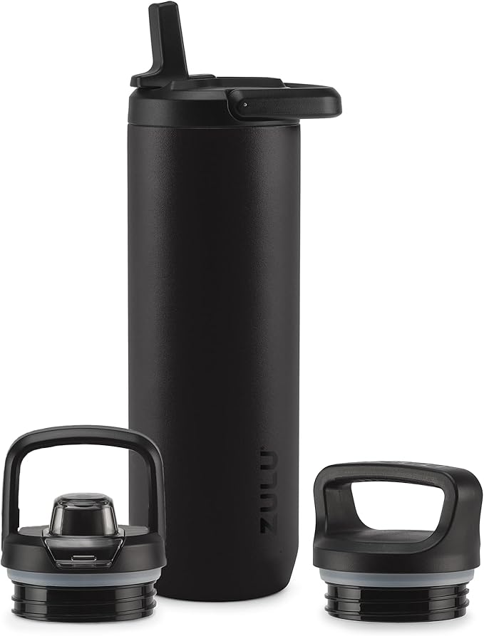 ZULU Base 24oz Stainless Steel Water Bottle with 3 Lids- Straw, Chug, Twist | Double Walled and Vacuum Insulated Metal Thermos | Fits Car Cupholder, Built in Carry Loop, Dishwasher Safe, Black