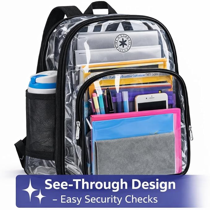 K-Cliffs Large Transparent Backpack Clear Heavy Duty School Bag Durable Student Bookbag See Through Vinyl Daypack Workbag