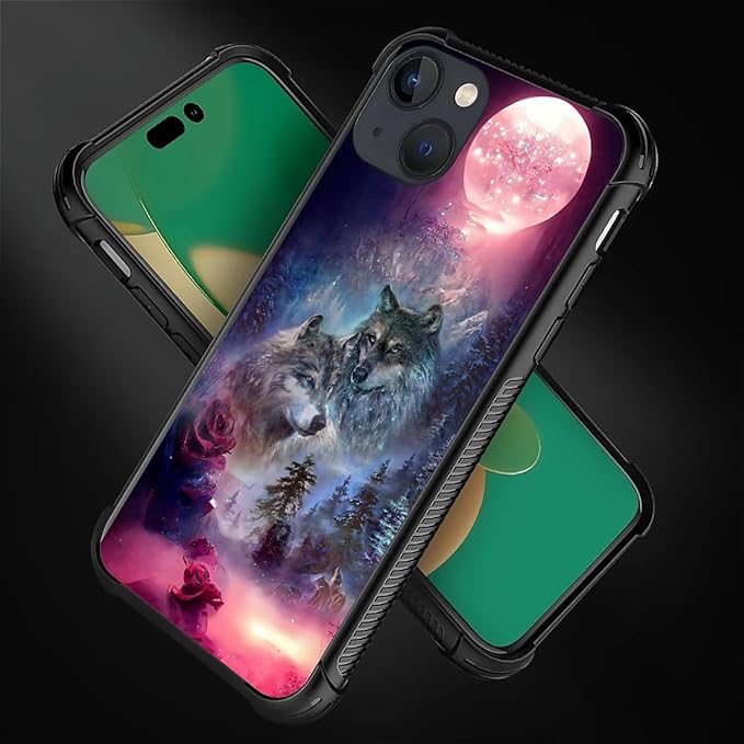 for iPhone 14 Case, Star Two Wolfs Howling Pattern Graphic Design Girl Boy Soft Silicone Hard Acrylic Shock Protection for iPhone 14