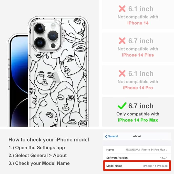 MOSNOVO Case for iPhone 14 Pro Max, [Buffertech 6.6ft Military-Grade Drop Protection] [Anti Peel Off Tech] Clear TPU Bumper Phone Case Cover Design - Abstract Face Line Art