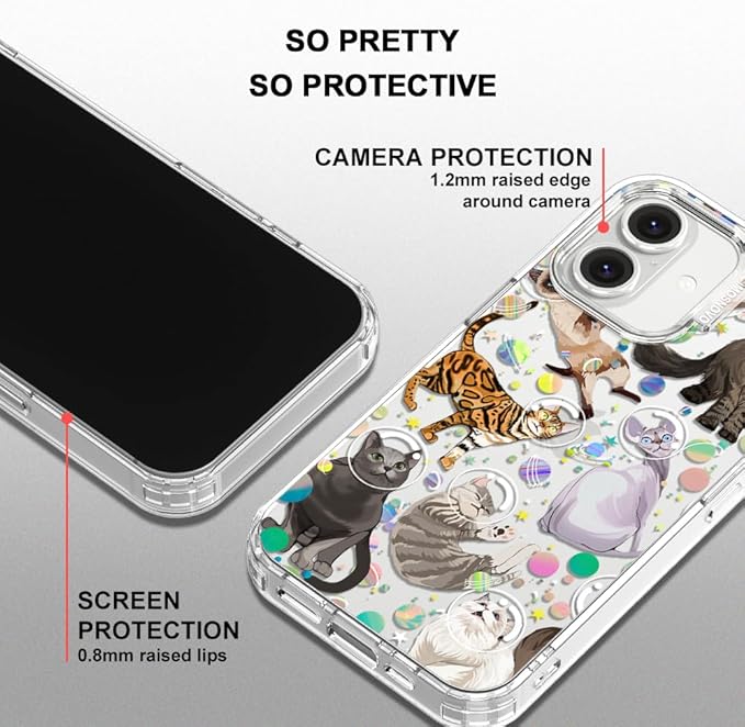 MOSNOVO Case for iPhone 16 Plus, [Buffertech 6.6ft Military-Grade Drop Protection] [Anti Peel Off Tech] Clear TPU Bumper Phone Case Cover Design - Space Cat
