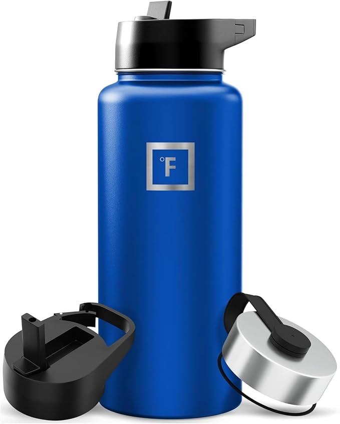 IRON °FLASK Camping & Hiking Hydration Flask with 3 Lids - Stainless Steel, Double Walled & Vacuum Insulated Water Bottle - Leak Proof & BPA Free (Navy Blue, Straw - 32 oz)
