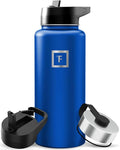 IRON °FLASK Camping & Hiking Hydration Flask with 3 Lids - Stainless Steel, Double Walled & Vacuum Insulated Water Bottle - Leak Proof & BPA Free (Navy Blue, Straw - 32 oz)