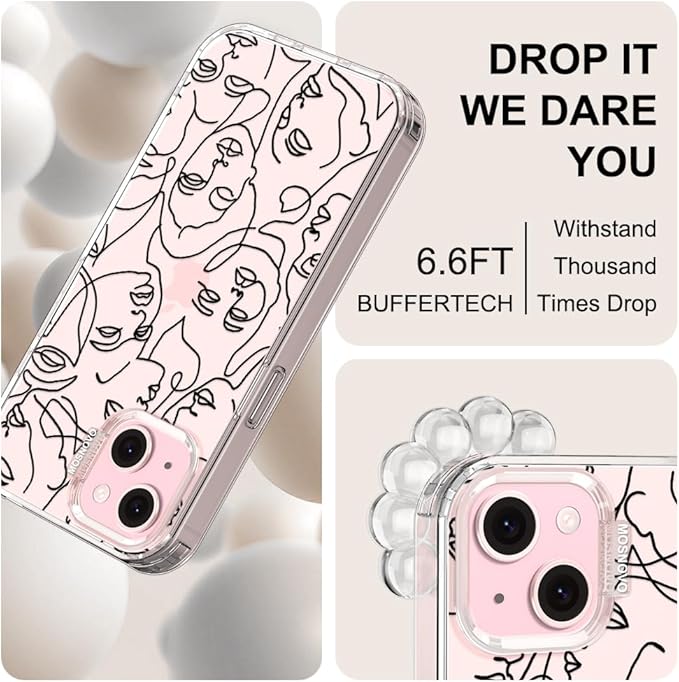 MOSNOVO Case for iPhone 15 Plus/iPhone 14 Plus, [Buffertech 6.6ft Military-Grade Drop Protection] [Anti Peel Off Tech] Clear TPU Bumper Phone Case Cover Design - Abstract Face Line Art