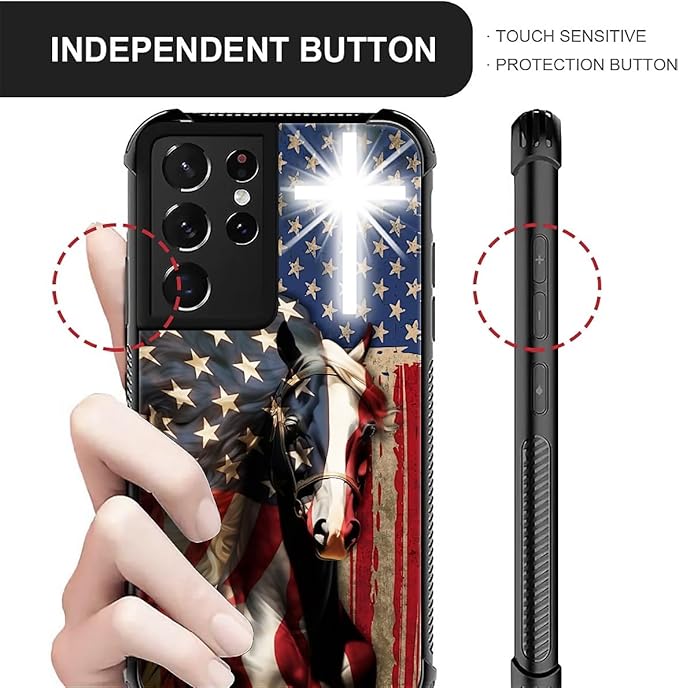 for Samsung Galaxy S21 Ultra Case, Red American Flag Horse Cross Pattern Graphic Design Girl Boy Soft Silicone Hard Acrylic Shock Protection for Samsung Galaxy S21 Ultra