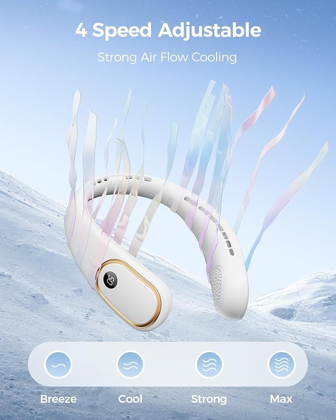 SHEWIND Portable Neck Fan - 5000mAh Rechargeable Hands-Free Wearable Fan | 4 Speeds, Bladeless & LED Display | Personal Cooling Fan for Travel, Outdoors, Camping - White