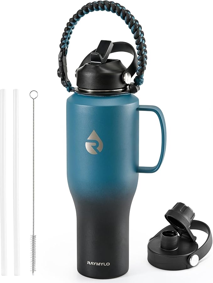 RAYMYLO Insulated Water Bottle 40oz (Cold for 48 Hrs), Stainless Steel Water Bottle with Handle & Straw Lid & Paracord Handle, Triple Wall Vacuum Leakproof Travel Flask, Fit in Any Car Cup Holder