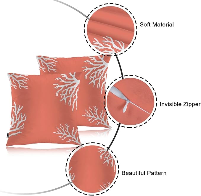 Swono Ocean Coral Farmhouse Throw Pillow Covers, Tropical Sea Coral Reef Nature Set of 2 Cushion Case Pillow Cover for Bed Sofa Couch, Square Throw Pillowcases for Men Women 18x18 Inch Orange White