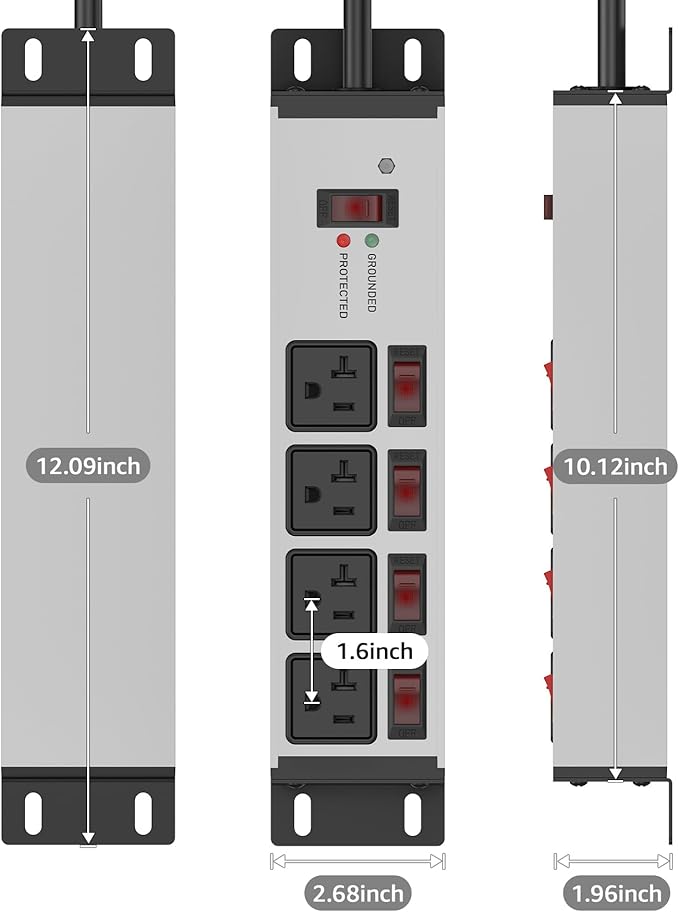 CCCEI Heavy Duty Surge Protector Power Strip 20 Amp Individual Switches. 10FT 12 Gauge Extension Cord with Multiple Outlets. Kitchen, Garage, Shop, Industrial Wall Mount Electric Extender, Grey.