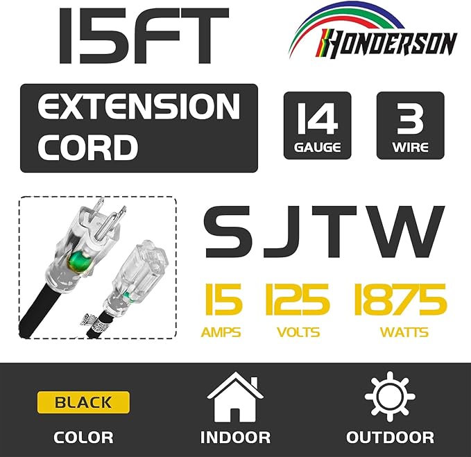 Indoor Outdoor Extension Cord Weatherproof with Lighted End, UL Certified, 14 Gauge 15FT Black 3 Prong Heavy Duty, 14/3 SJTW 15A Power Cord for Outdoor Lights, Lawn