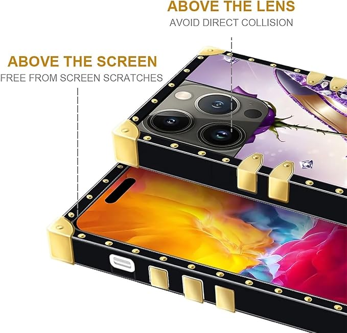 Compatible with iPhone 15 Pro Case, High Heeled Purple Diamond Rose Luxury Golden Decoration for Girl Women Soft TPU Shockproof Protective Hard PC Back for iPhone 15 Pro