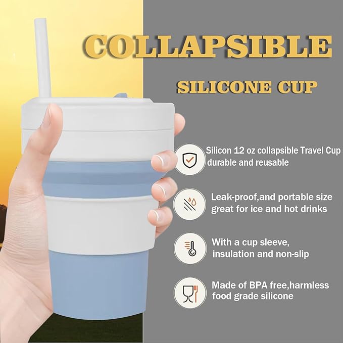 Silicone Foldable Drinking Cup for Camping Hiking,Portable Silicone Water Bottle for Hot and Cold Beverages with Straw- Blue & White