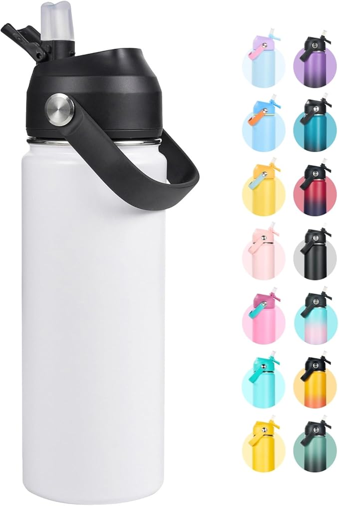 Fijinhom 32oz Insulated Stainless Steel Water Bottle, Wide Mouth Double Wall Vacuum, Silicone Straw, Sweat & Leak Proof, BPA Free Insulated Water Flask for Travel, Keep Cold 24h Hot 12h, White