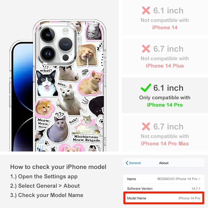 MOSNOVO Case for iPhone 14 Pro, [Buffertech 6.6ft Military-Grade Drop Protection] [Anti Peel Off Tech] Clear TPU Bumper Phone Case Cover Design - The Cat Brigade