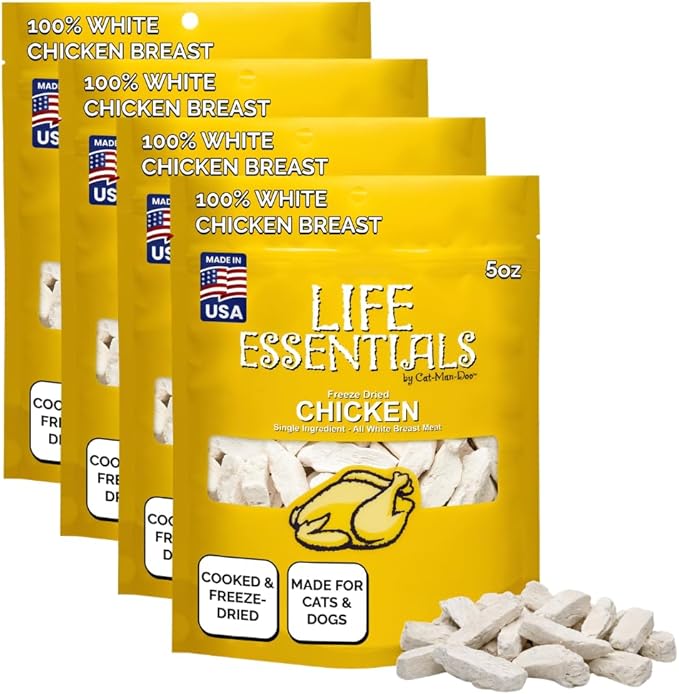 Life Essentials by Cat-Man-Doo | Chicken - 4 Pack of 5oz. Bags | Freeze Dried Chicken Cat & Dog Treats | Healthy, Single Ingredient, Training Treats, High Protein