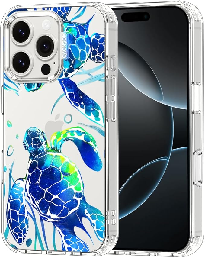 MOSNOVO Case for iPhone 16 Pro, [Buffertech 6.6ft Military-Grade Drop Protection] [Anti Peel Off Tech] Clear TPU Bumper Phone Case Cover Design - Sea Turtles