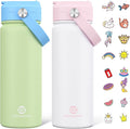 GoKEDA 18oz Kids Water Bottle, 2 Pack Insulated Bottles with Stickers, 18/8 Stainless Steel Vacuum Leak Proof Straw Cup for School, Gifts for Boys Girls(White+Green)