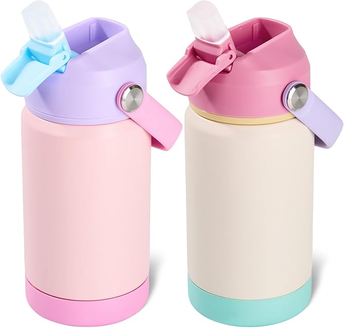 Kerilyn 12oz Kids Water Bottle 2 Pack, Stainless Steel Insulated Water Bottle Bulk, Toddler Cups with Straws Leak-Proof, Kids Water Bottles for School Boys Girls, BPA Free, 2 Piece Set Berry Couple