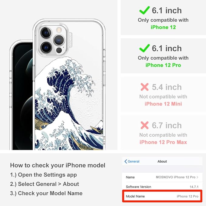 MOSNOVO Case for iPhone 12 & iPhone 12 Pro, [Buffertech 6.6ft Military-Grade Drop Protection] [Anti Peel Off Tech] Clear TPU Bumper Phone Case Cover Design - Great Wave