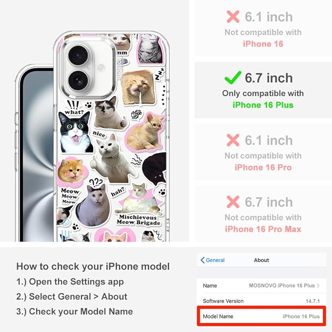 MOSNOVO Case for iPhone 16 Plus, [Buffertech 6.6ft Military-Grade Drop Protection] [Anti Peel Off Tech] Clear TPU Bumper Phone Case Cover Design - The Cat Brigade