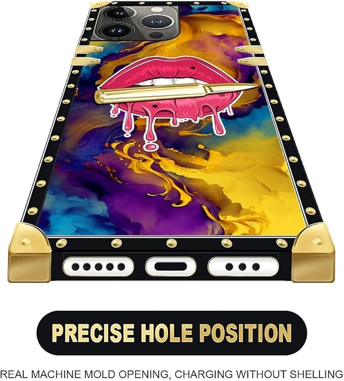 Compatible with iPhone 15 Pro Case, Cool Corlorful Lip Marble Luxury Golden Decoration for Girl Women Soft TPU Shockproof Protective Hard PC Back for iPhone 15 Pro