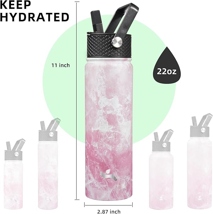 Konokyo 22oz Stainless Steel Bottles with 3 Lids Sport Insulated Water Bottle,Marble Blossom