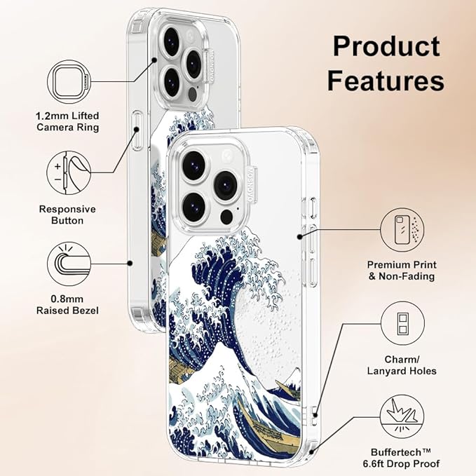MOSNOVO Case for iPhone 14 Pro, [Buffertech 6.6ft Military-Grade Drop Protection] [Anti Peel Off Tech] Clear TPU Bumper Phone Case Cover Design - Great Wave