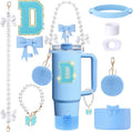 9pcs Stanley Cup Accessories Set- for 30oz 40oz Tumblers with Handle - Bule Kit Includes Bow Straw Topper and Boot, Charm, Pearl Handle Strap & Stickers - Aesthetic Girl Gifts (D)