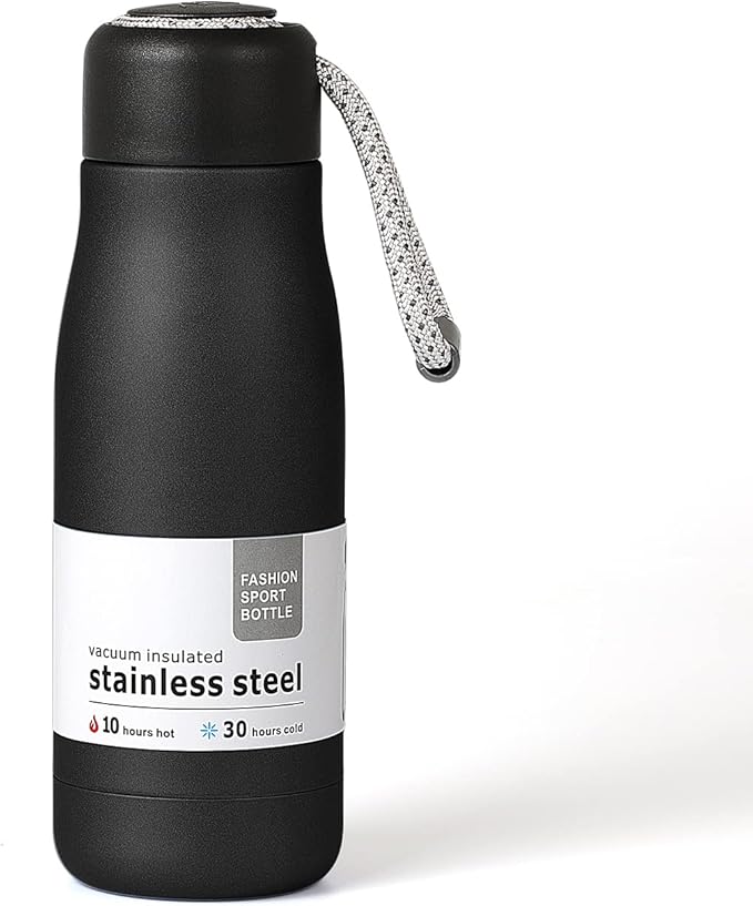 Water Bottles with Portable Lid，Hydro Insulated Thermal Flask for Hot or Cold Drinks 350ml Stainless Steel Metal Reusable Water Bottle for Kids, Adults, Midnight Black