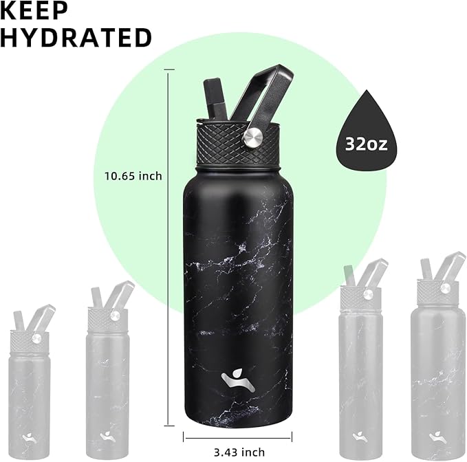Konokyo 32 oz Insulated Water Bottle Stainless Steel Sport Bottles with 3 Lids,Marble Midnight