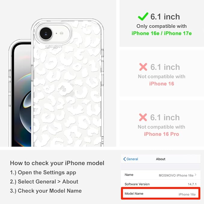 MOSNOVO for iPhone 17e Case/iPhone 16e Case, Shockproof Military-Grade Protection 6.6ft Drop Tested, Clear Phone Case for iPhone 16e / iPhone 17e, White Leopard Print Design