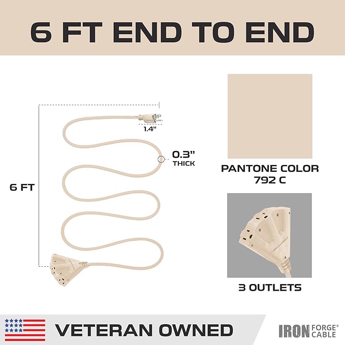 Iron Forge Cable Weatherproof 6 Ft Outdoor Extension Cord - 3 Outlet 16/3 SJTW Heavy Duty Light Brown Extension Cord 3 Prong - 13 Amp Power Cable