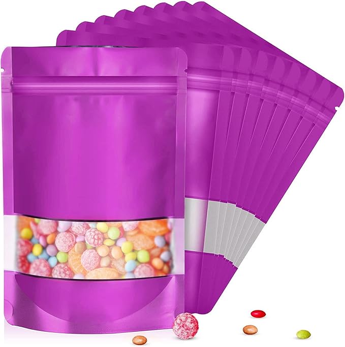 5.9"x8.6" 120pcs Mylar Bags for Food Storage,Smell Proof Bag with Matte Window Resealable Food Storage Bags for Small Business, Stand-up Foil Pouch Packaging Freeze Dried Candy Bag（Purple）