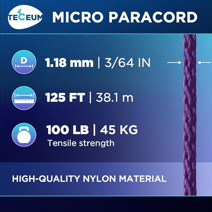TECEUM Micro Paracord – 1.18 mm X 125 ft – Micro Utility Cord – Thin Braided Paracord Rope – Best for Crafting, DIY Projects, Fishing, Camping – Wind Chime Replacement – Survival Strong String
