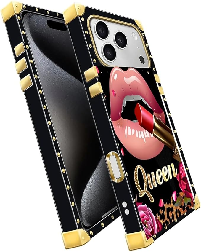 for iPhone 17 Pro Max Case Luxury Golden Decoration for Girl Women Soft TPU Shockproof Protective Hard PC Back for iPhone 17 Pro Max Crazy Pattern Glitter Red Rose Queen Leopard Lipstick