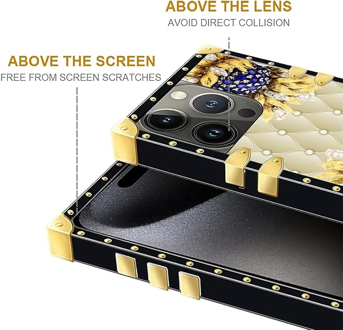 Compatible with iPhone 16 Pro Max Case, Sunflower Diamonds Leather Luxury Golden Decoration for Girl Women Soft TPU Shockproof Protective Hard PC Back for iPhone 16 Pro Max
